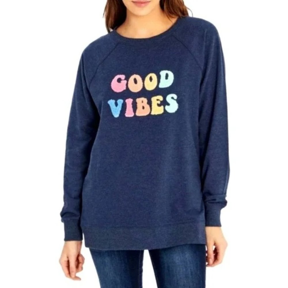 Wildfox Good Vibes Oversized Blue Sweater Medium Cozy Soft Crew Neck Size Medium